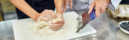 cropped view of woman working with dough with chief cook helping her, confectionary, banner