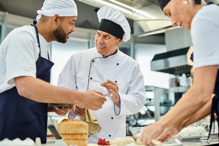 cheerful mature chief cook in white hat explaining information joyfully to his multiracial chefsの写真素材