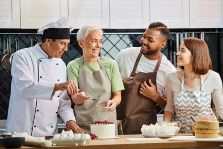 jolly mature chef helping his interracial happy students to decorate delicious cake, cooking coursesの写真素材