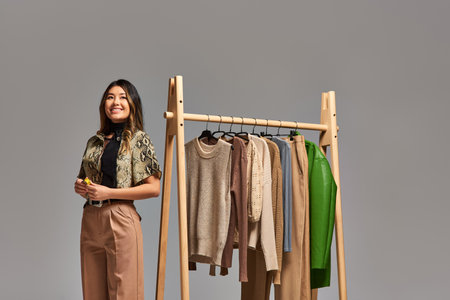 pleased asian stylist with measuring tape looking away near rack with bespoke clothes on grey