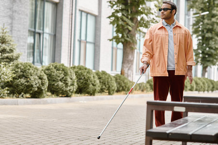 handsome indian disabled man with glasses and walking stick in vivid orange jacket walking in parkの写真素材