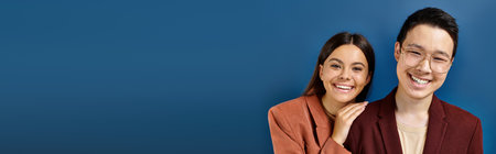 cheerful adorable diverse friends in stylish attires posing together and smiling at camera, banner