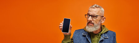 confused good looking mature man in vibrant clothes holding phone and looking at camera, banner