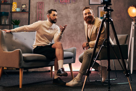 handsome men in fashionable clothing with accessories sitting and discussing interview questions