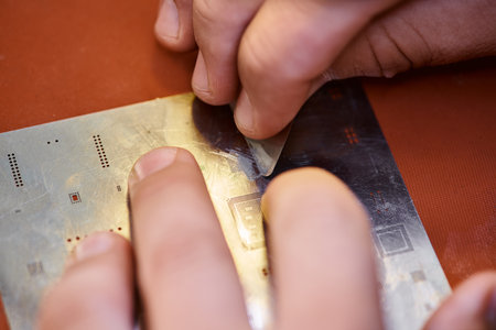 cropped view of technician scratching chipset during diagnostics in workshop, small business