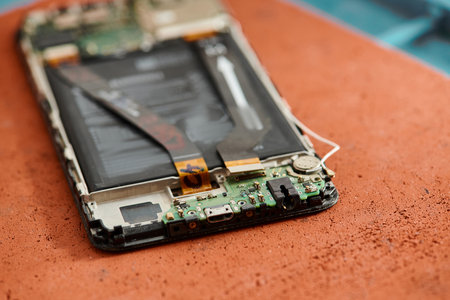 close up view of disassembled broken smartphone on table in equipment repair shop, maintenanceの写真素材