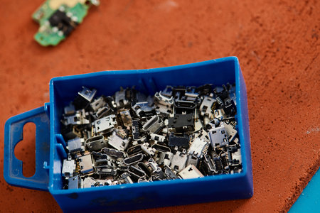 plastic container with different spare parts on table in professional repair shop, small business