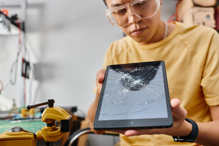 blurred asian technician in goggles making technical expertise on digital tablet with blank screenの写真素材