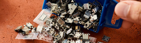 cropped view of skilled technician with plastic container of various spare parts in workshop, banner