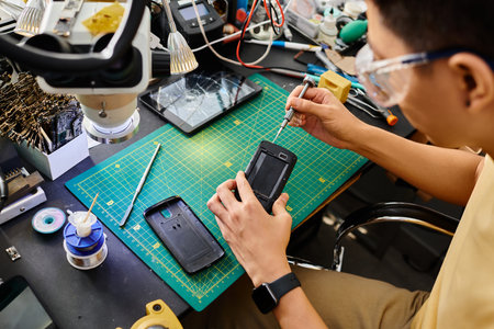 technician in goggles with screwdriver repairing mobile phone at workplace in private workshop