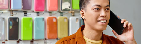 smiling asian store owner talking on smartphone near assortment of colorful phone cases, banner