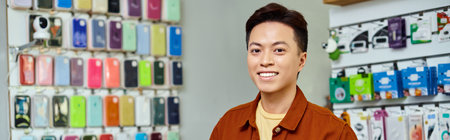 smiling successful asian entrepreneur looking at camera in private electronics shop, banner