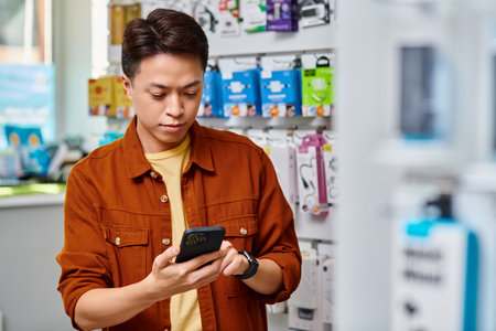 asian electronics ship owner messaging on mobile phone in retail space, small business concept