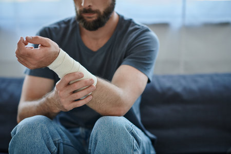 cropped view of depressed man with bandage on arm after attempting suicide, mental health awarenessの写真素材