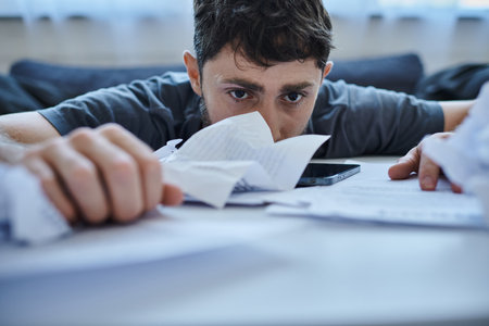 frustrated man with beard sitting at table with papers and phone on it during mental breakdown