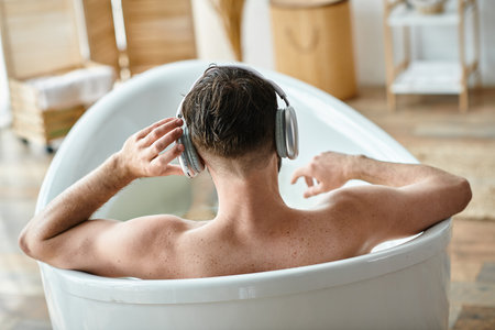back view of male model sitting and relaxing actively in his bathtub, mental health awareness