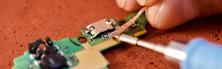 close up of professional repairman soldering electronic chipset in workshop, horizontal banner