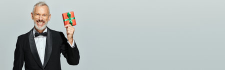joyful good looking mature man with beard in tuxedo holding gift and smiling at camera, bannerの写真素材