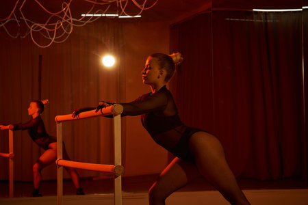 A graceful dancer in a leotard and tights perfects her choreography on a bar, dance movements