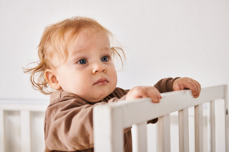 portrait of adorable child standing and looking away in crib in nursery room, happy babyhoodの写真素材
