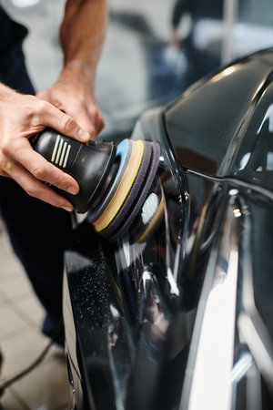 cropped view of enthusiastic hard working specialist in uniform polishing car with special machine