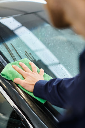 cropped view of dedicated professional worker in uniform using rag to clean black modern car