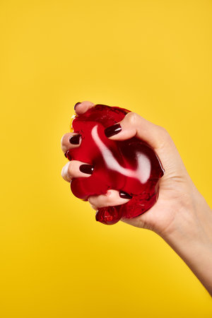 unknown female model with nail polish squeezing red mouthwatering jello on vibrant yellow backdropの写真素材