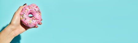 gourmet delicious donut with pink frosting on it in hand of unknown female on pink backdrop, bannerの写真素材