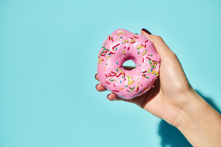 sweet delicious donut with pink frosting on it in hand of unknown female holding it on pink backdropの写真素材