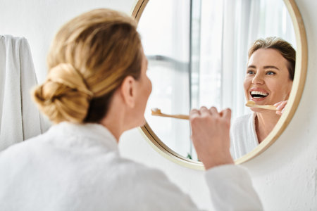attractive joyous woman with blonde hair in bathrobe brushing her teeth and looking at mirrorの写真素材