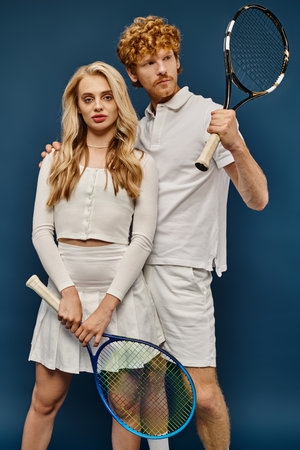 blonde woman and redhead man in white clothes with tennis racquets on blue, old money styleの写真素材