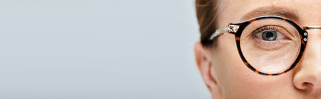 close up of appealing woman with blonde hair and glasses looking at camera on gray backdrop, bannerの写真素材