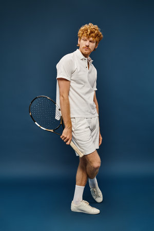 full length of fashionable redhead man in white outfit with tennis racquet standing on blue backdropの写真素材