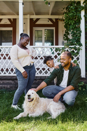 cheerful african american family playing with dog on backyard of their house, quality timeの写真素材