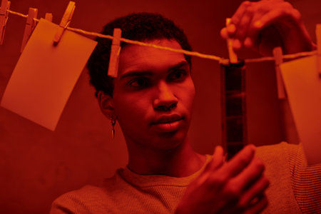 young african american man hangs freshly developed film strip in a red-lit darkroom, timeless