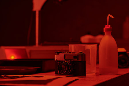 table with analog camera and different tools for film development in darkroom with red lightの写真素材