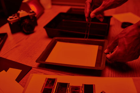 cropped view of photographer delicately holding tweezers near water bath with photo in darkroomの写真素材