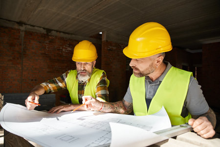 two handsome builders in safety helmets and vests working with blueprint before construction