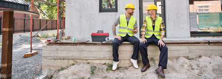 joyful cottage builders in safety helmets sitting on porch and looking at each other, bannerの写真素材