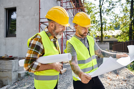 appealing bearded cottage builders in safety vests working on their blueprints on construction site