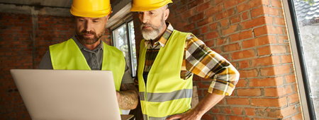 good looking construction workers in safety vests working with laptop, cottage builders, banner
