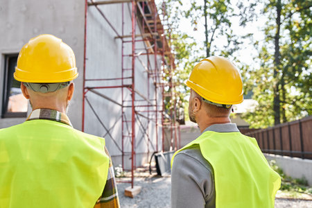 back view of cottage builders in safety helmets looking at scaffolding on construction siteの写真素材