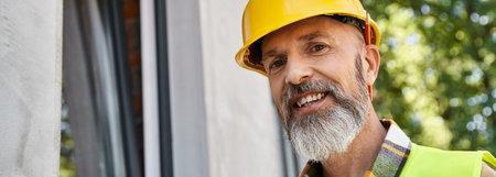 cheerful appealing cottage builder in safety vest and helmet smiling happily at camera, banner
