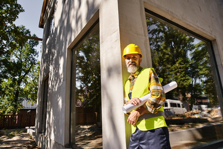 handsome construction worker in safety gear with blueprint smiling at camera, cottage builder