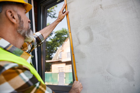 good looking hardworking construction worker with beard measuring window with tape, cottage builderの写真素材