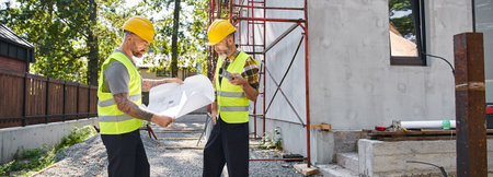 good looking cottage builders working hard with blueprints and level on construction site, banner