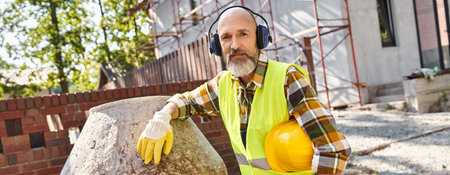 jolly cottage builder in safety gloves and vest with headphones and helmet smiling at camera, banner