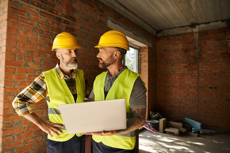 hardworking construction workers in safety vests working with laptop on site, cottage builders