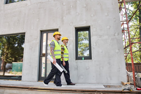 handsome cottage builders in safety helmets with toolbox level and blueprint working outside