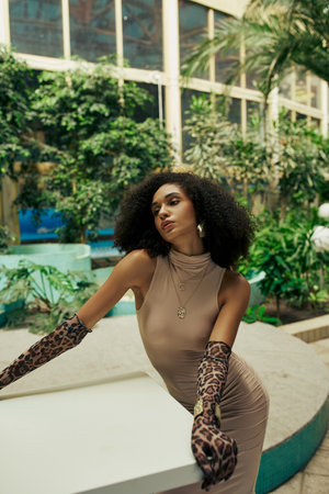 alluring african american woman in dress and animal print gloves posing among plants in urban gardenの写真素材